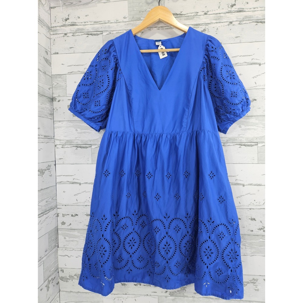 Old Navy Blue Eyelet Cotton V-Neck Puff Sleeve Mini Dress Large